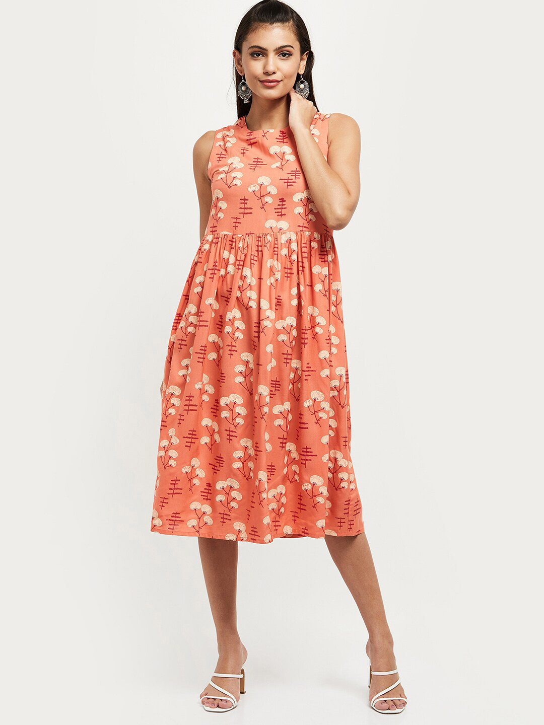 Buy Max Peach Coloured Floral Print Fit And Flare Dress Dresses for