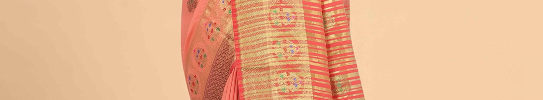 Buy Silk Land Pink & Red Woven Design Pure Cotton Fusion Saree - Sarees