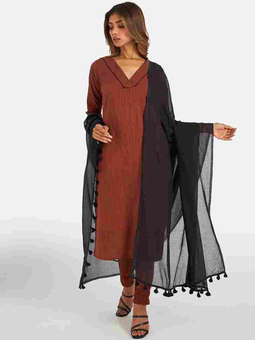 Women Pure Cotton Embroidered Rust Kurta With Pant And Dupatta