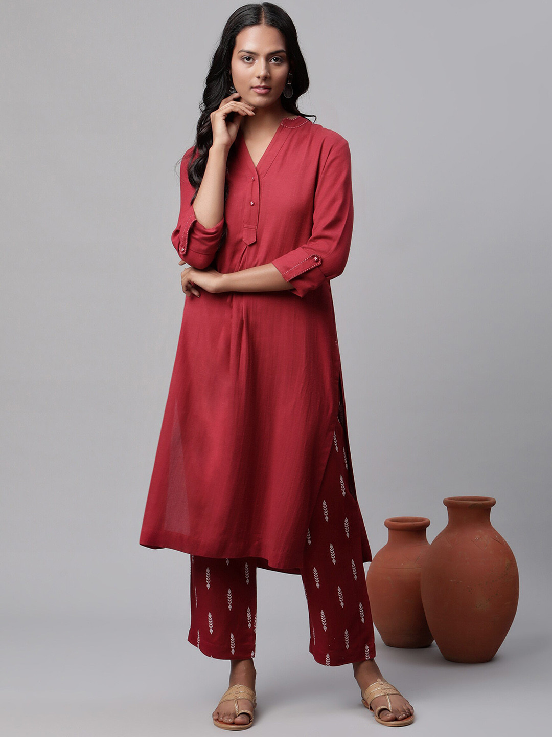 Buy Linen Club Woman Women Maroon Floral Linen Sustainable Kurta With