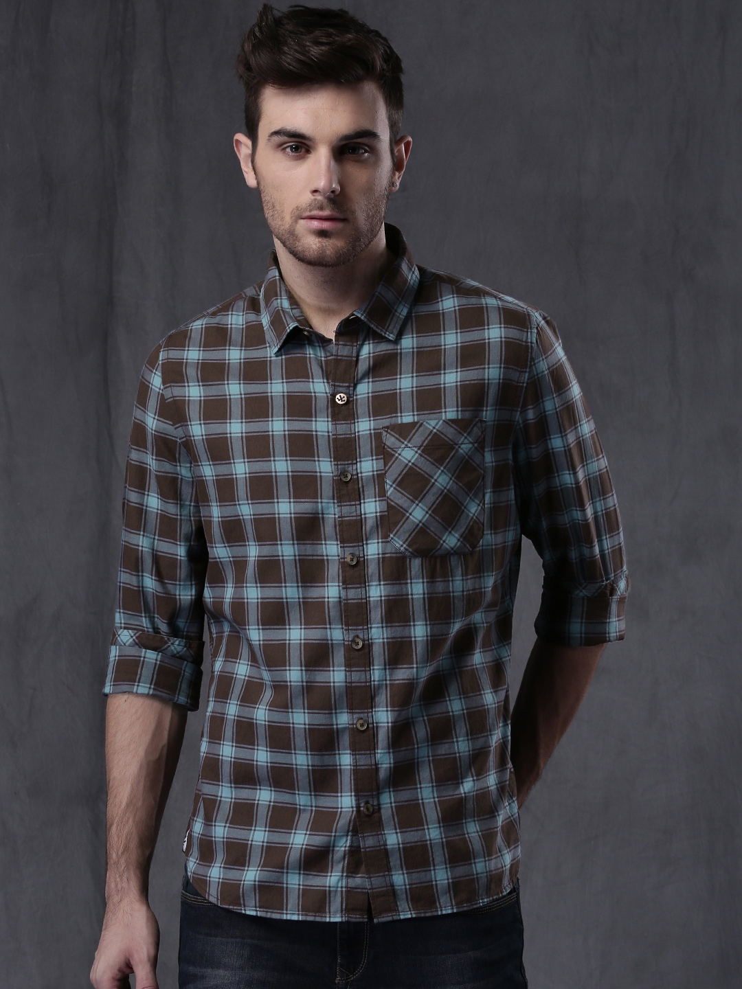 Buy WROGN Men Brown & Blue Slim Fit Checked Casual Shirt - Shirts for ...