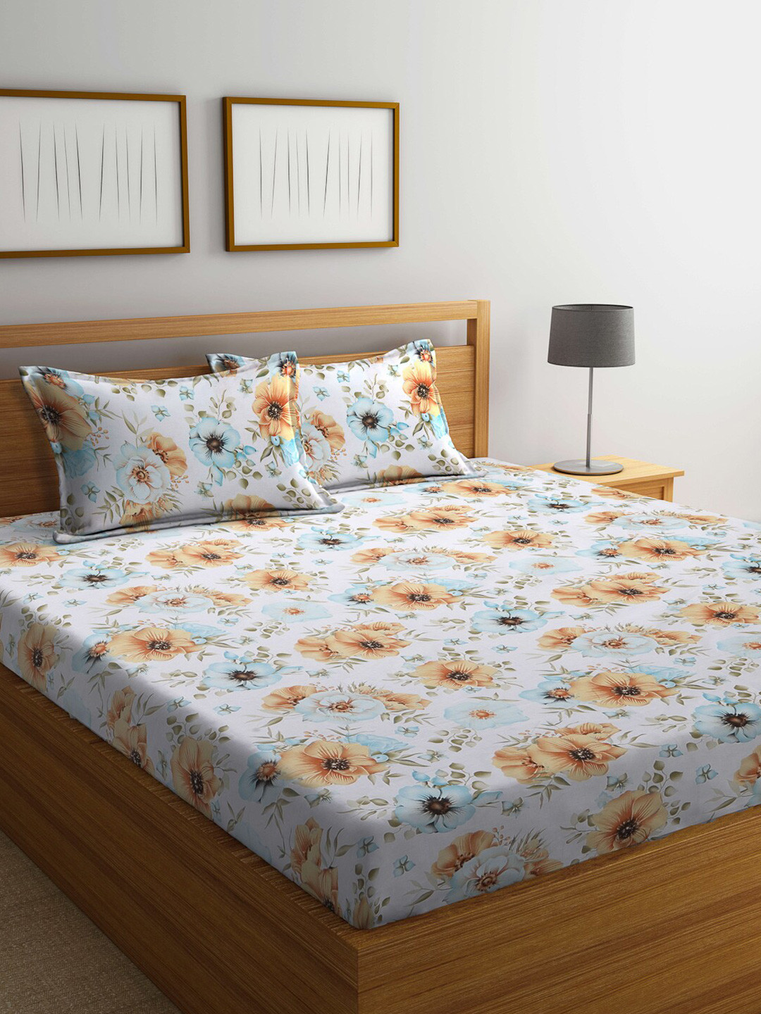 Buy BOMBAY DYEING Yellow & Blue 144 TC Queen Floral Cotton Bedsheet With 2 Pillow Covers