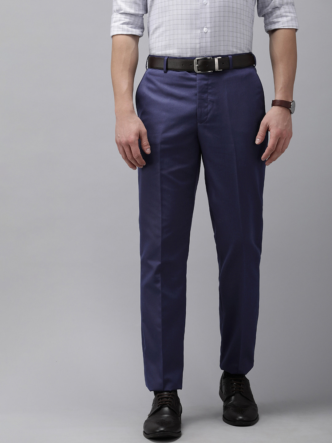 Buy Park Avenue Men Blue Smart Fit Low Rise Plain Woven Flat Front ...