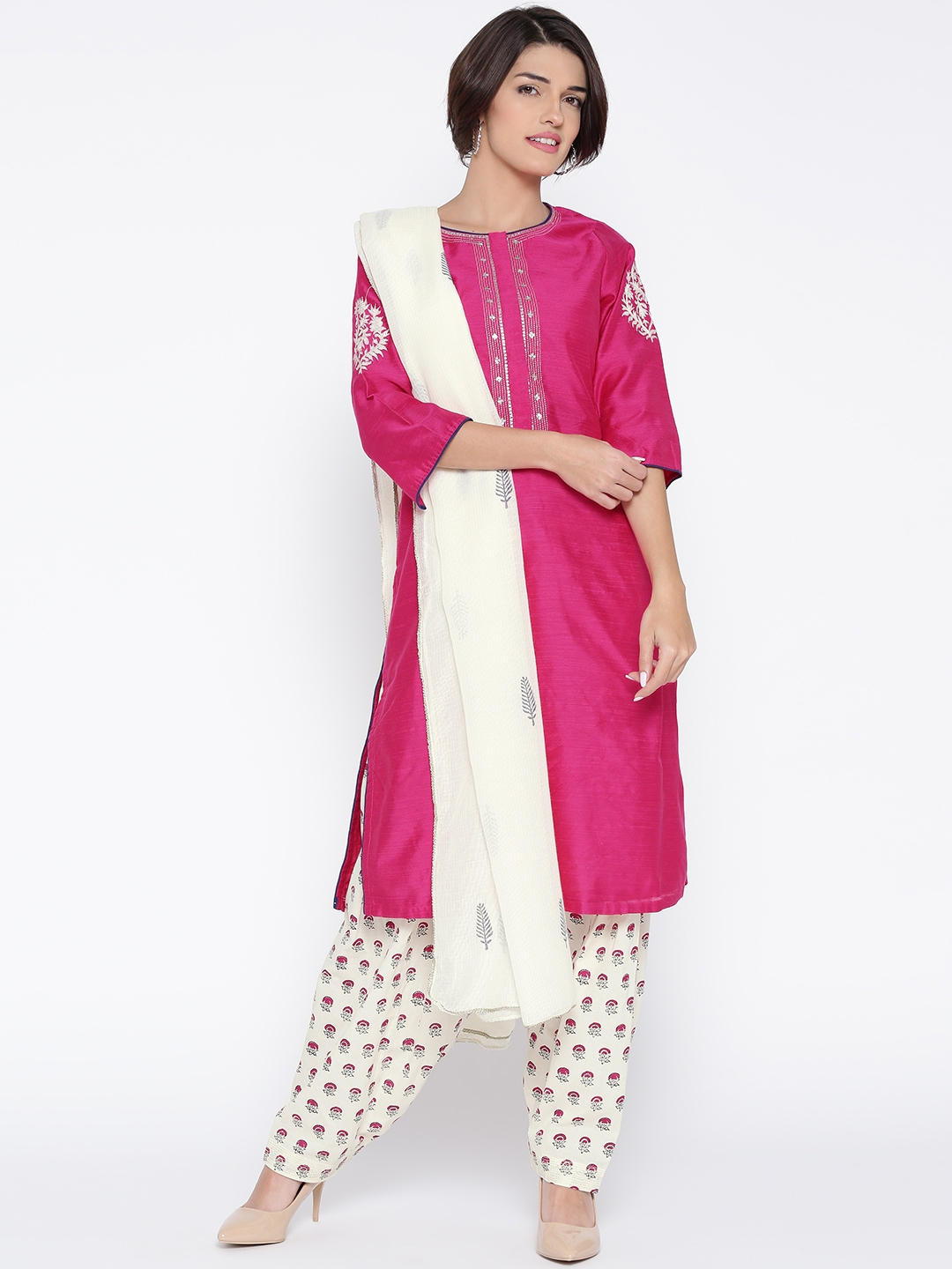 Buy Biba Pink & White Salwar Suit With Dupatta - Kurta Sets for Women ...