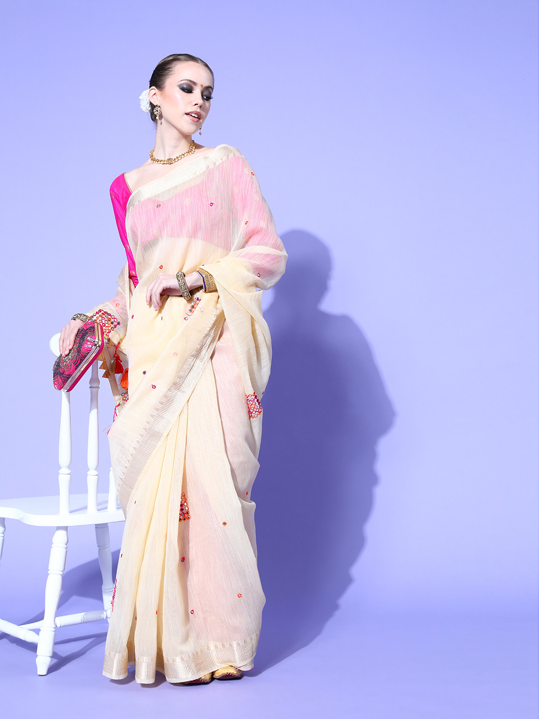 Buy Chhabra 555 Off White & Pink Mirror Work Fusion Chanderi Saree