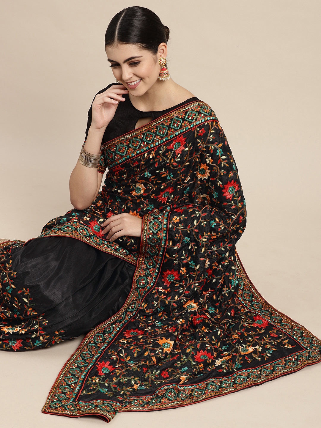 Buy VAIRAGEE Black & Red Floral Embroidered Silk Blend Saree - Sarees ...