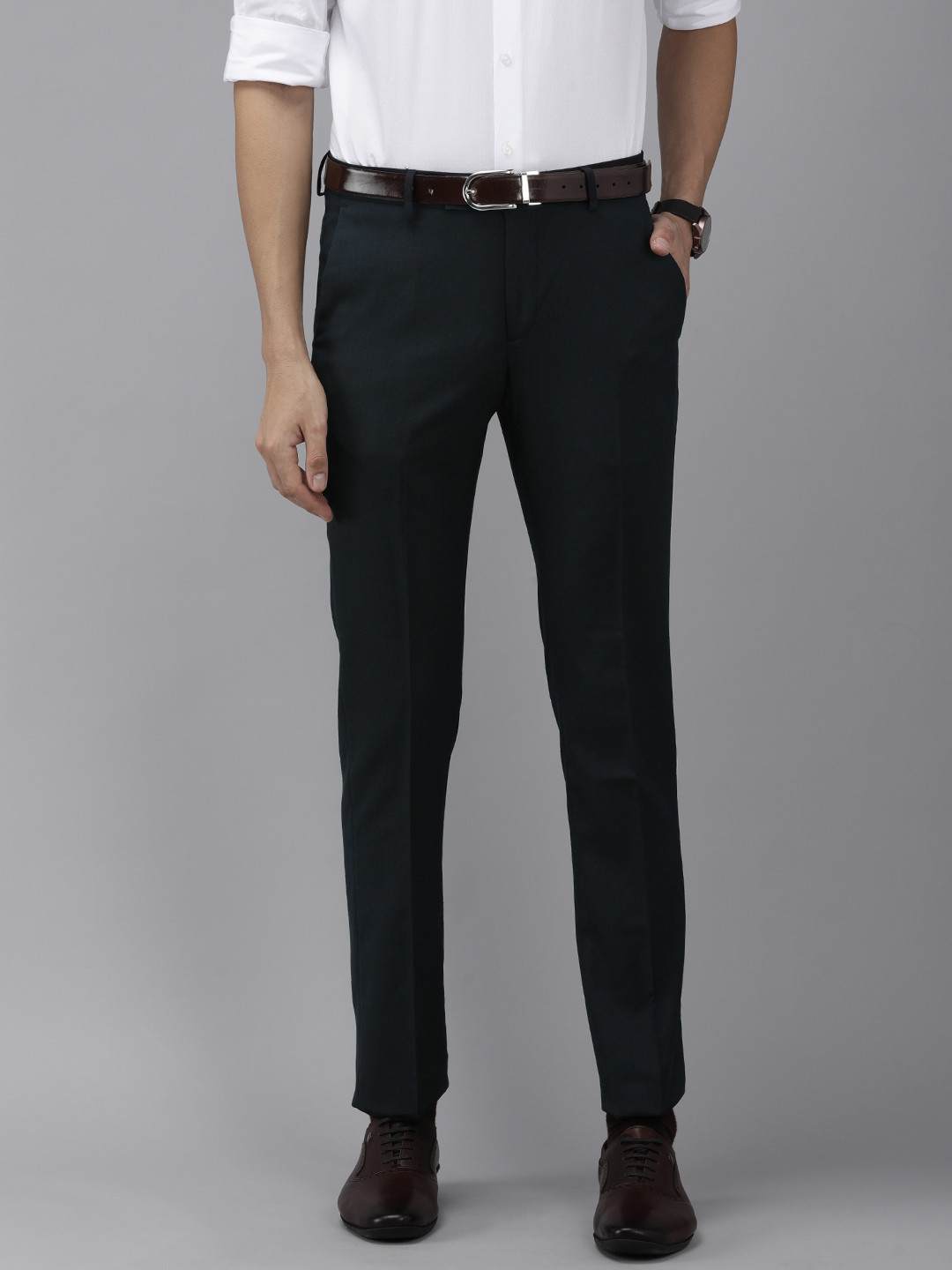 Buy Arrow Men Navy Blue Textured Mid Rise Original Tailored Fit Formal ...