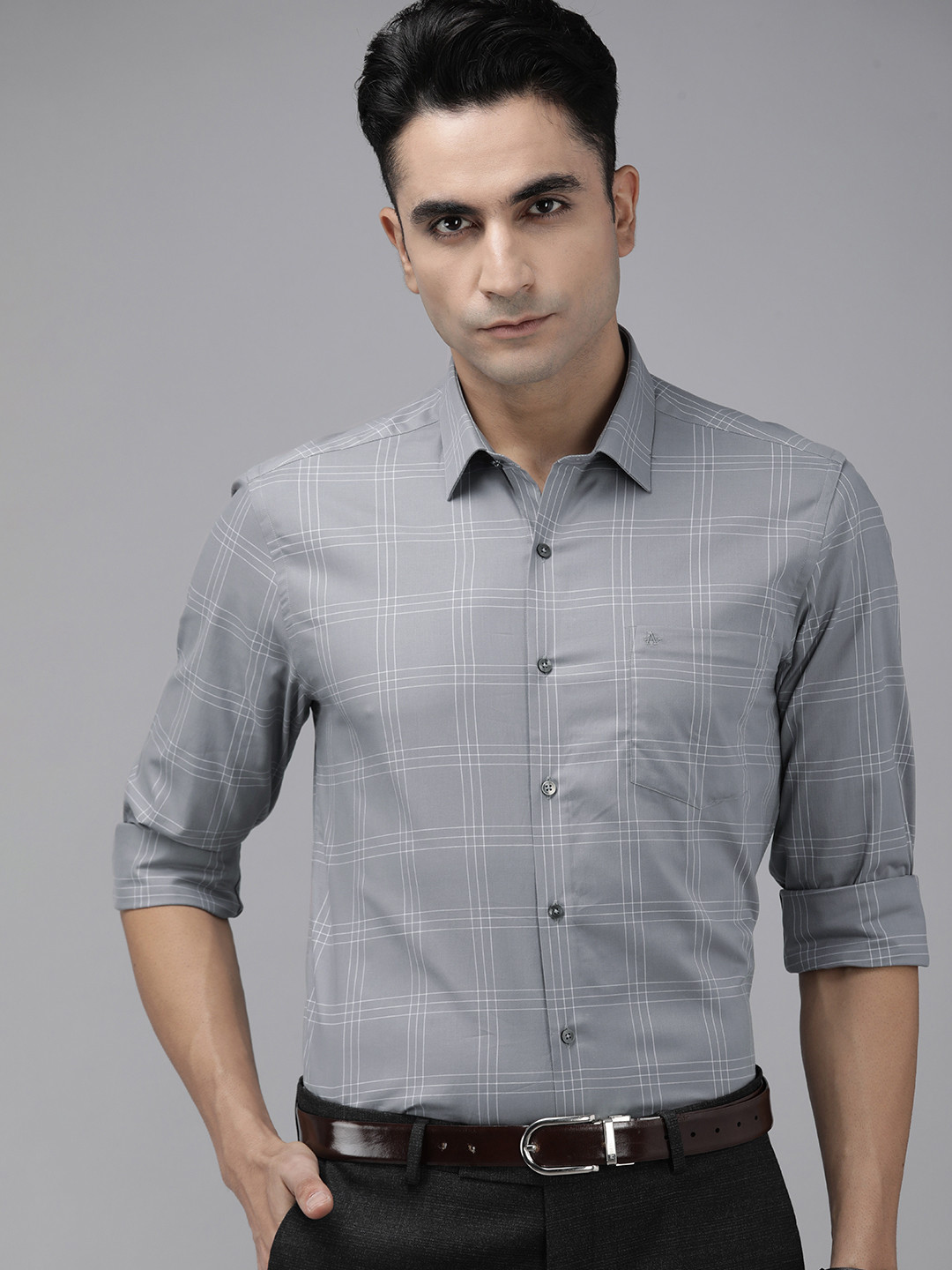 Buy Arrow Men Grey Original Slim Fit Checked Pure Cotton Formal Shirt