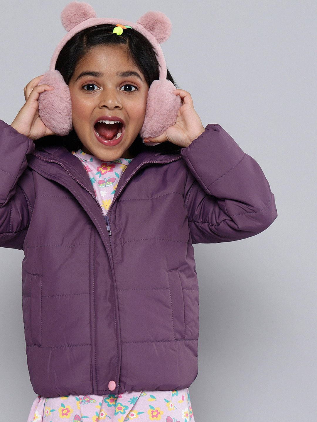 Girls Purple Garden Floral Front Pocket Quilted Jacket