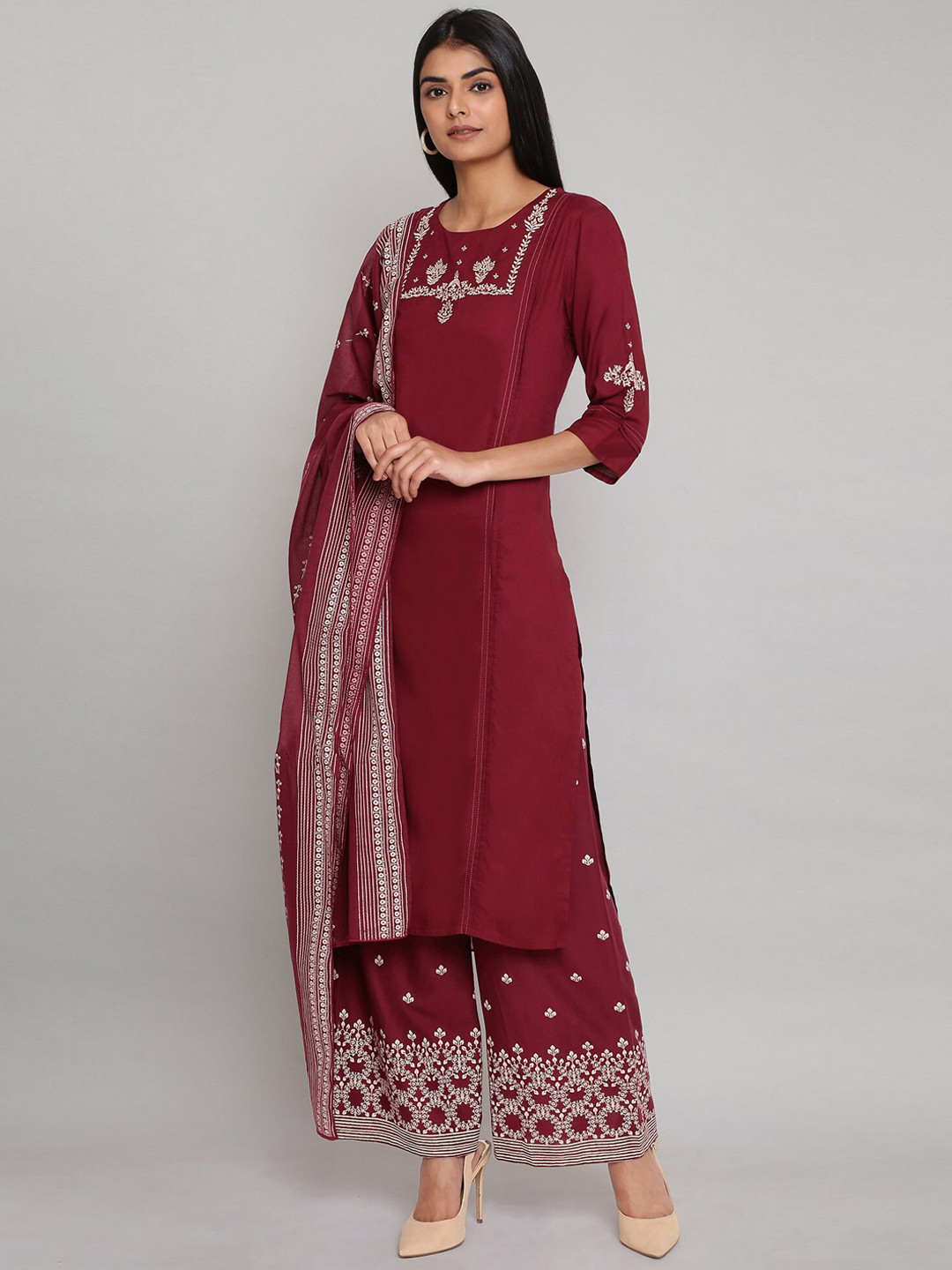 Women Red Embroidered Straight Kurta Palazzos With Dupatta set