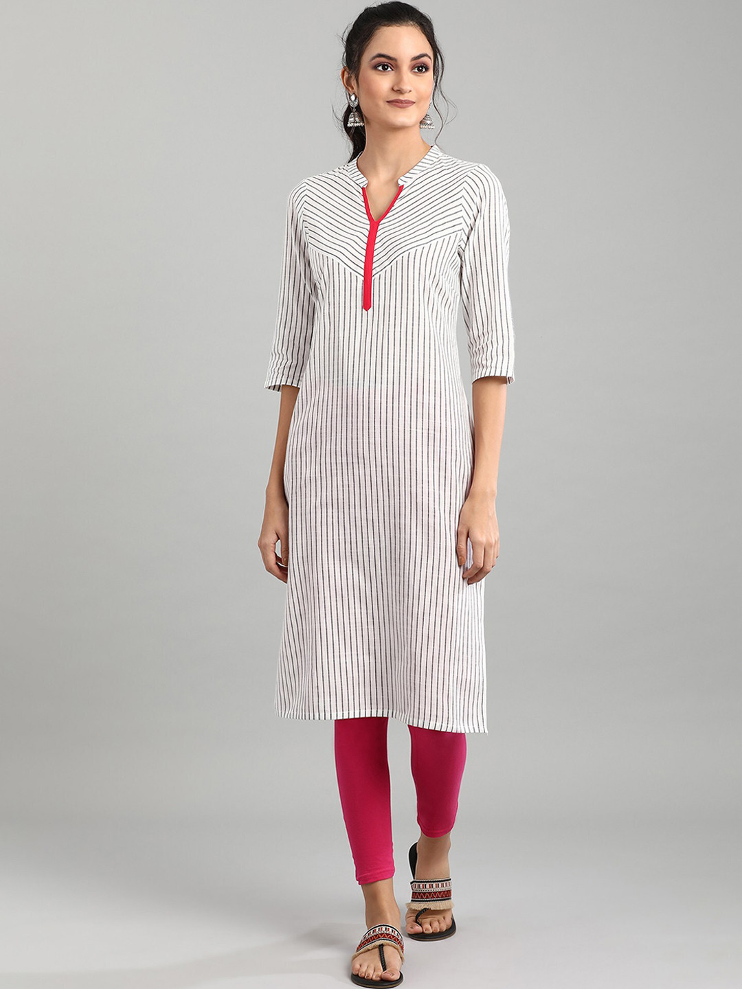 Grey Striped Thread Work Kurta