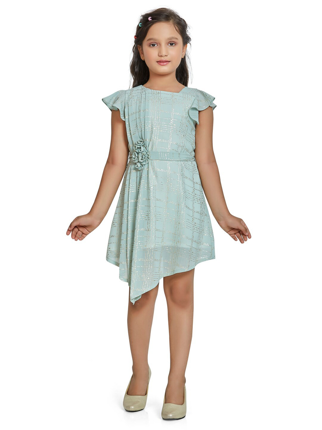 Buy Peppermint Girls Green & Silver Toned Asymmetric Dress Dresses