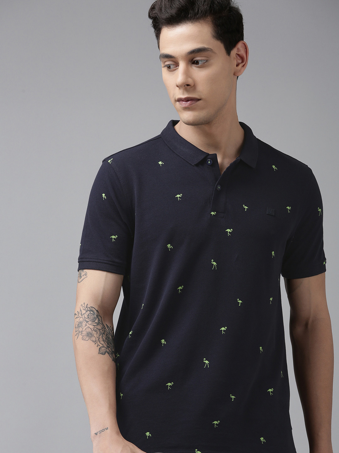 Buy Van Heusen Sport Men Navy Blue Printed Polo Collar Pure Cotton T ...