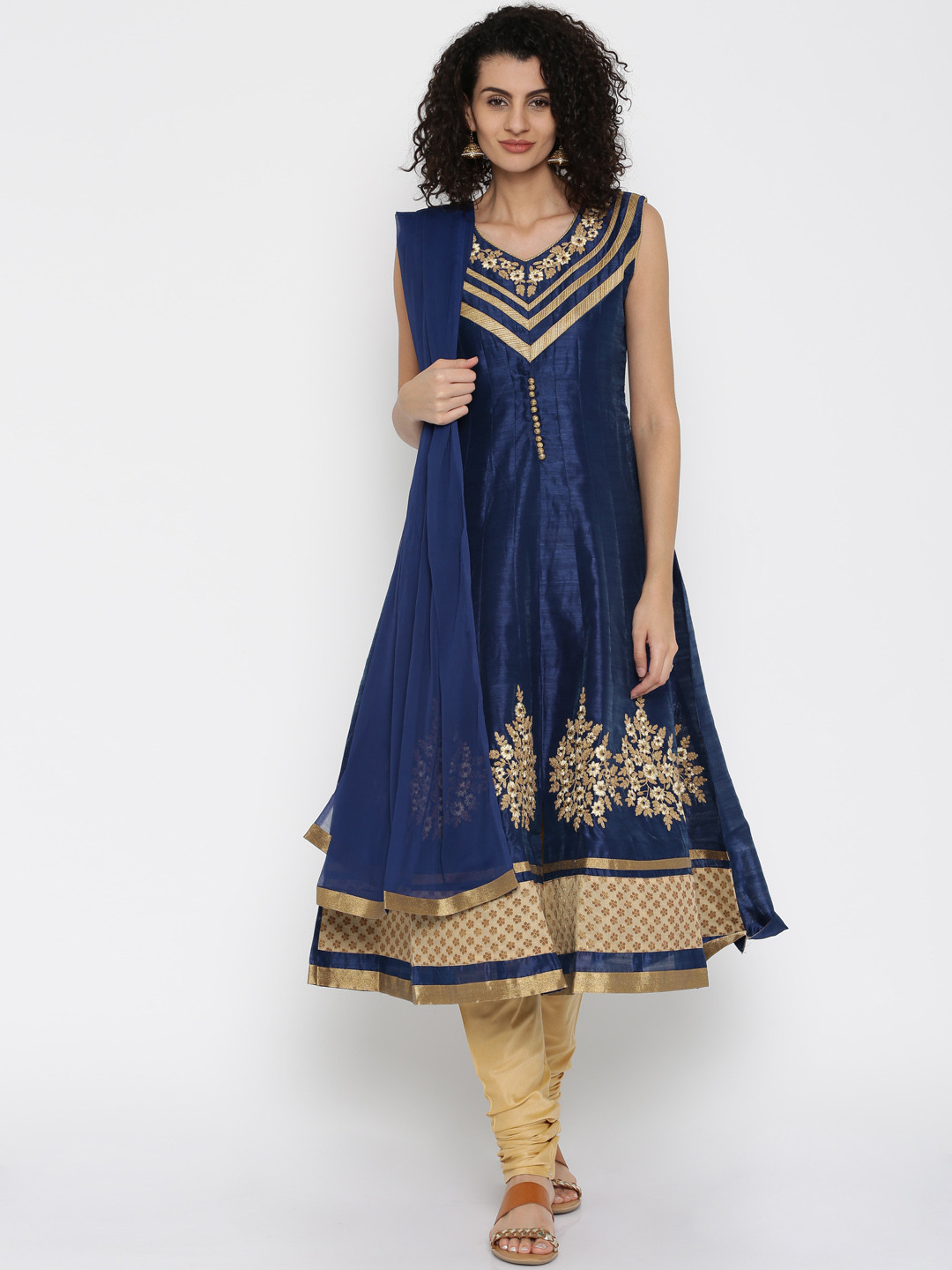 Buy The Chennai Silks Navy Beige Anarkali Churidar Kurta With Dupatta Kurta Sets for Women