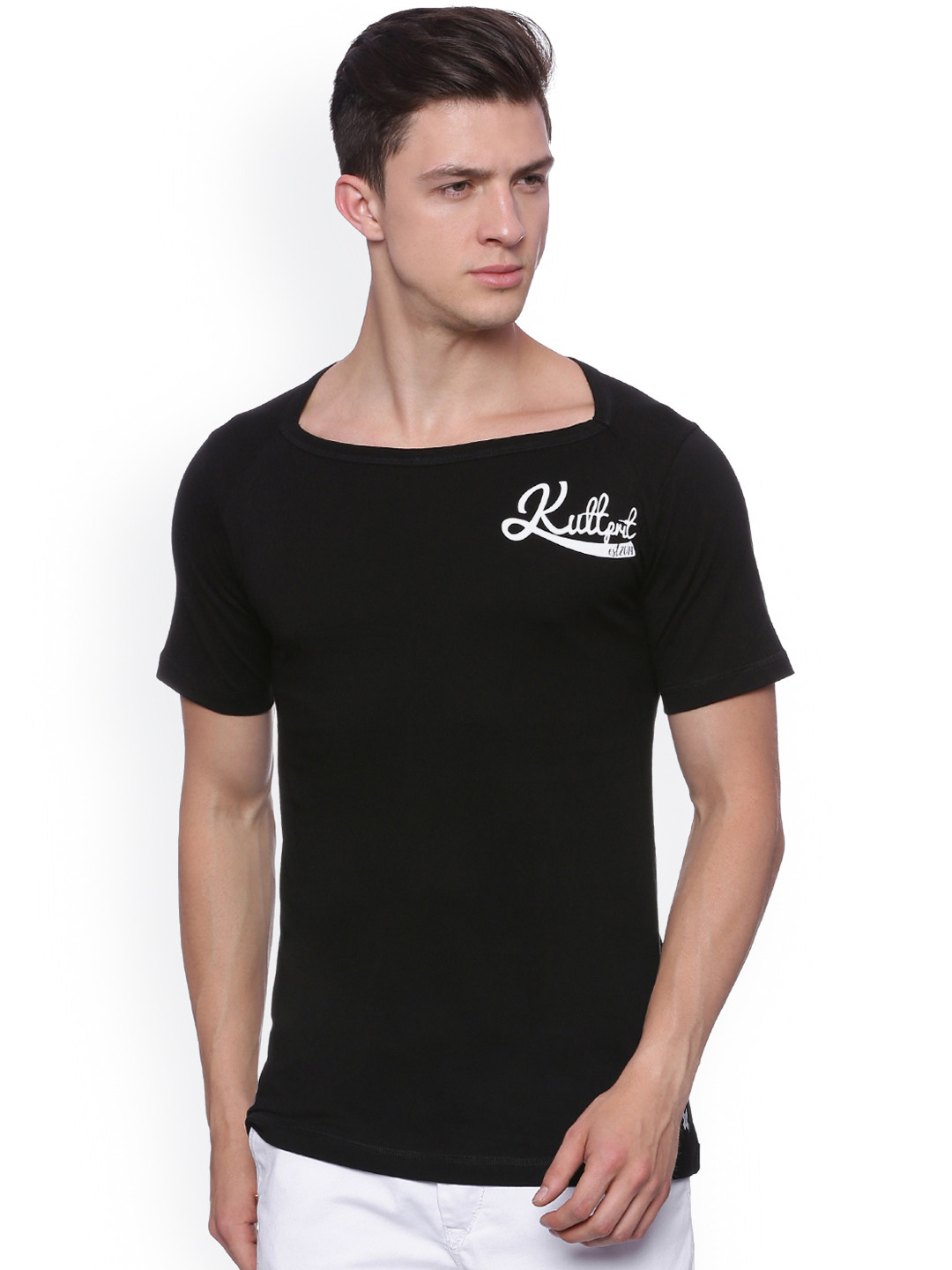 Buy KULTPRIT Men Black Solid Boat Neck Slim Fit T Shirt Tshirts for