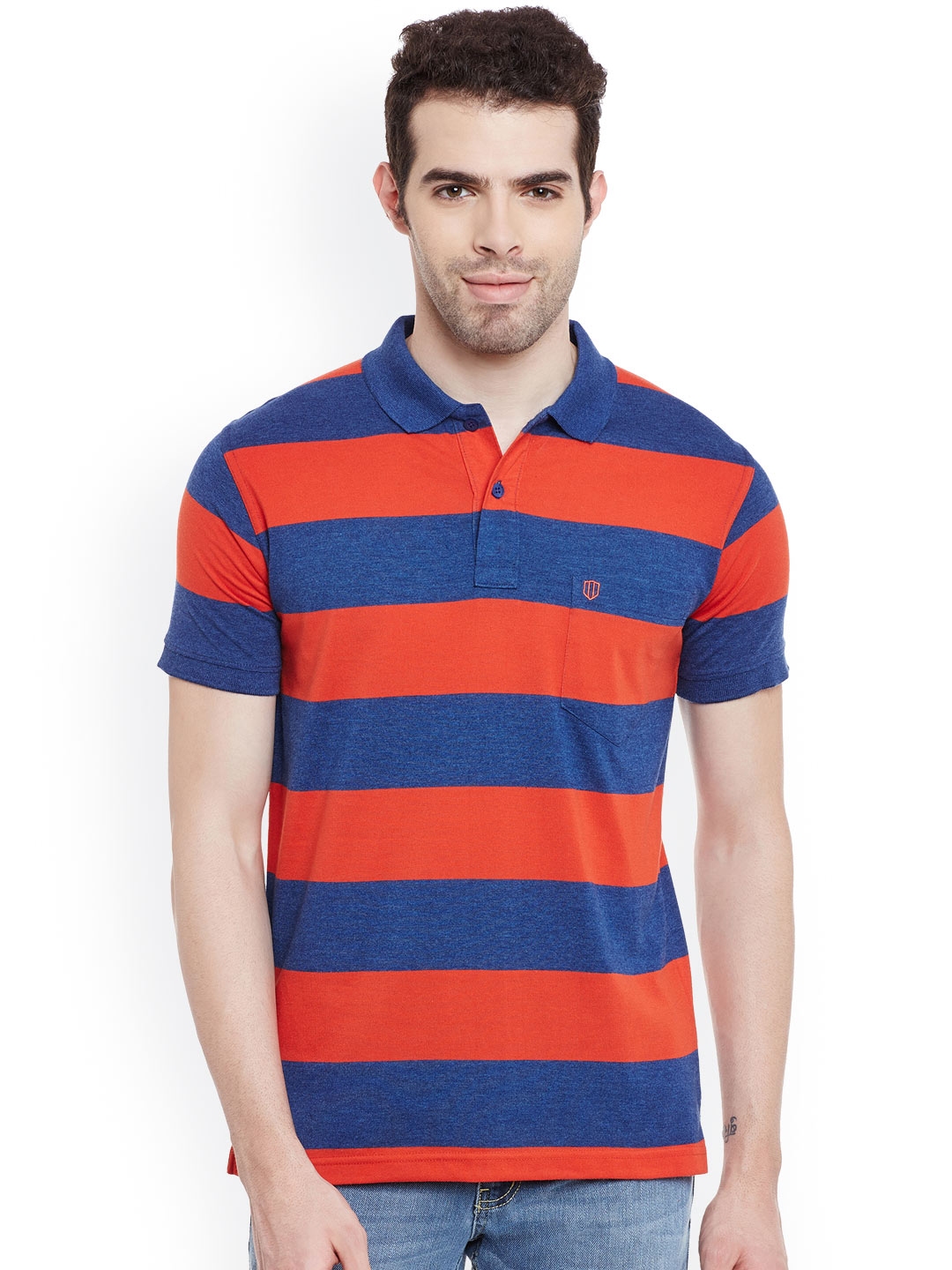 Buy Duke Men Orange & Blue Striped Polo Collar T Shirt - Tshirts for ...