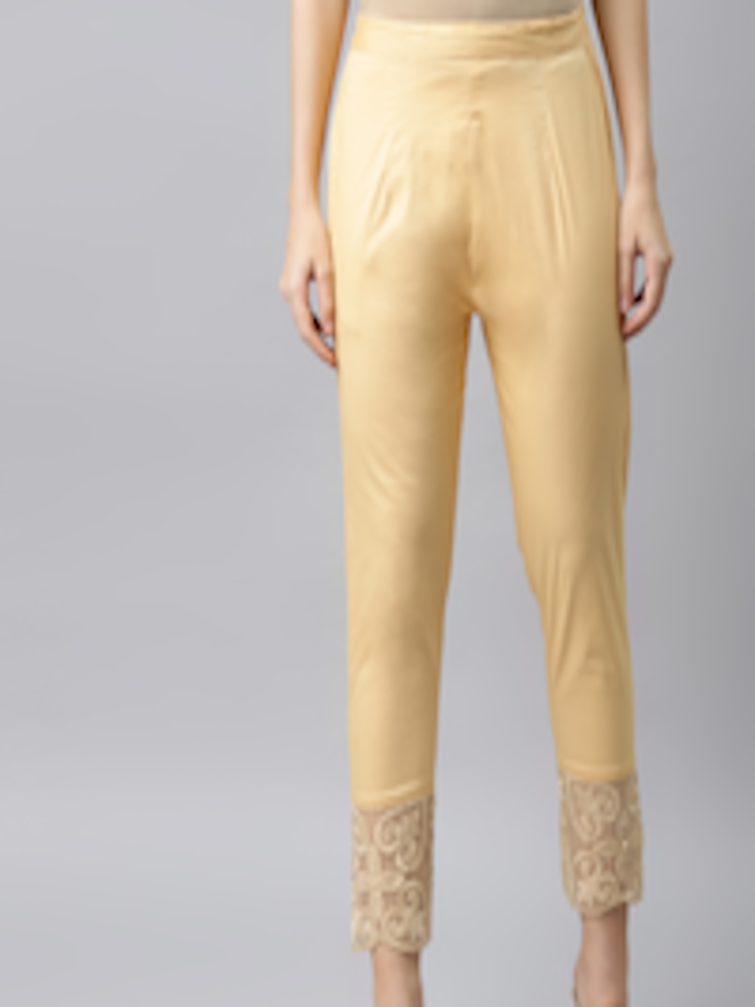 Buy RIVI Women Golden Embroidered Hem Cotton Ethnic Trousers - Trousers ...