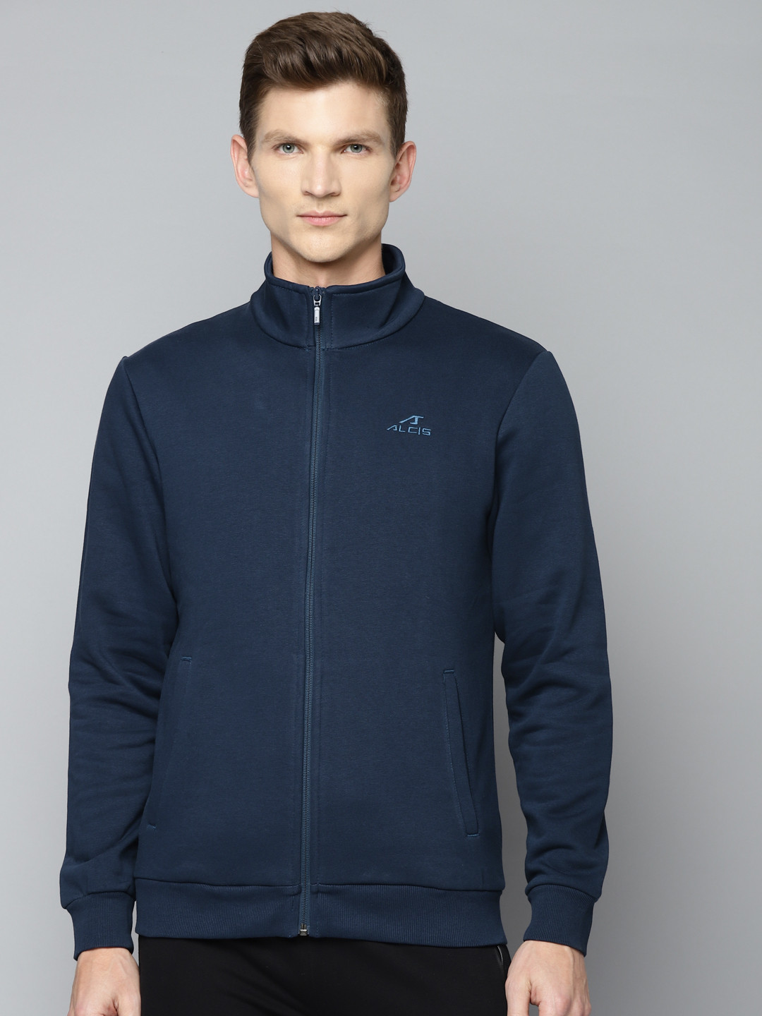 Buy Alcis Men Navy Blue Solid Cotton Running Sporty Jacket Jackets