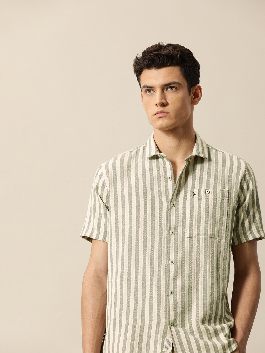 Buy Mr Bowerbird Men Olive Green & Off White Vertical Stripes Linen