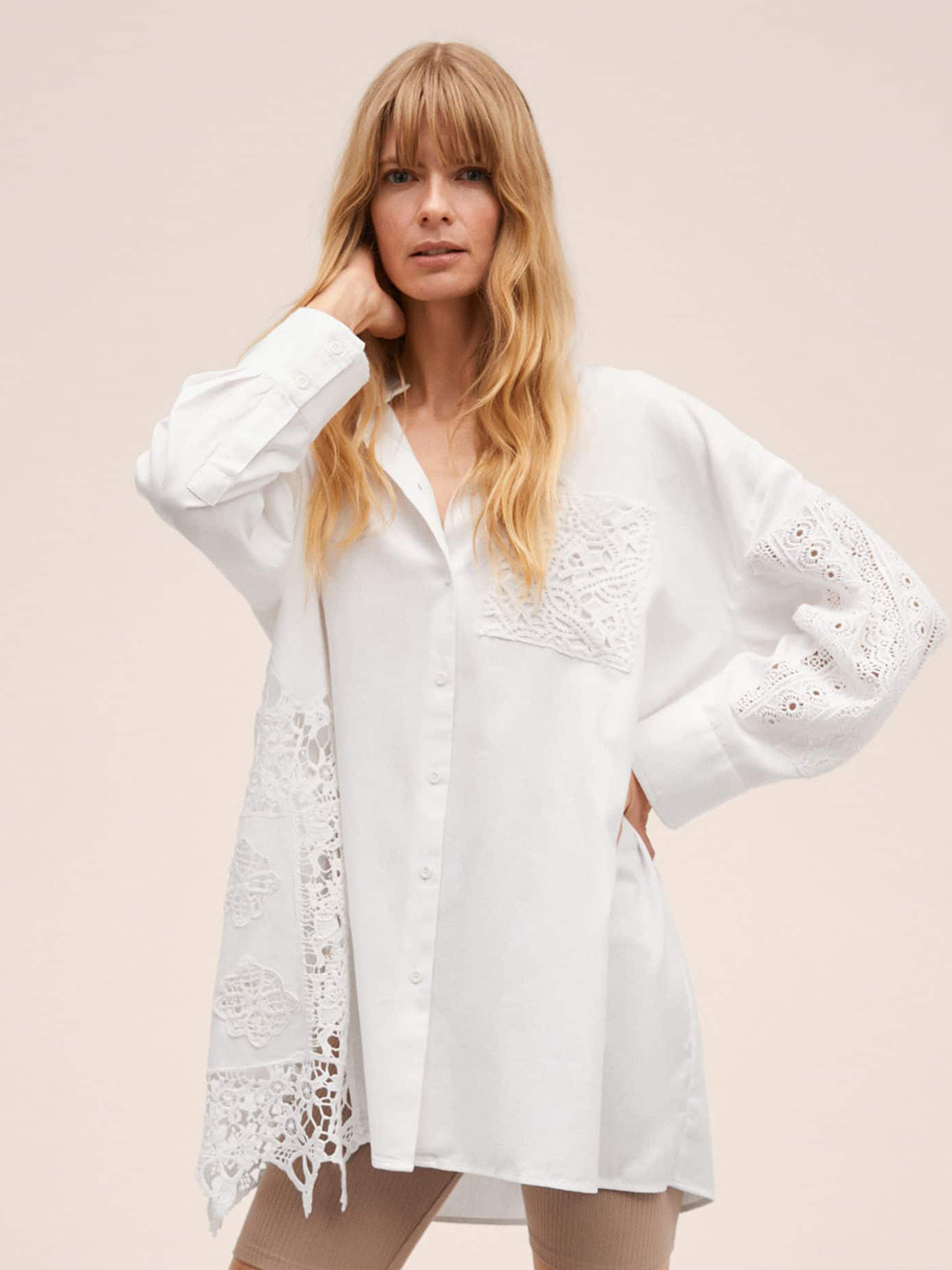 Buy MANGO Women White Cotton Linen Lace Up Detail Casual Shirt Shirts