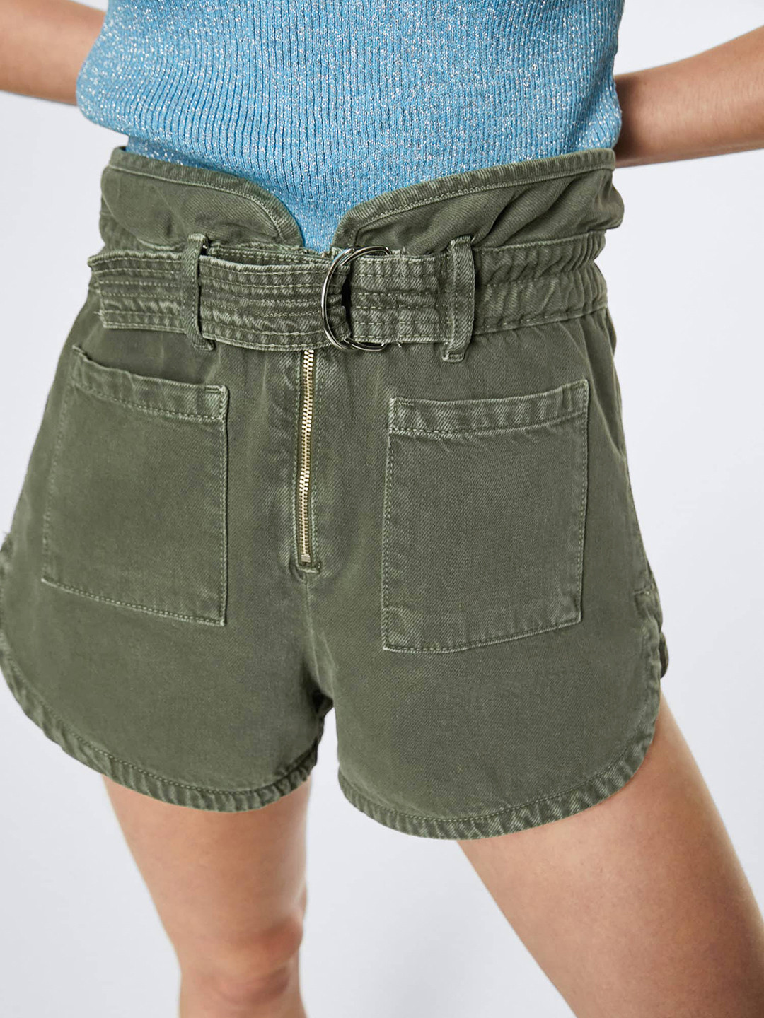 Buy MANGO Women Olive Green High Rise Belted Denim Shorts Shorts for
