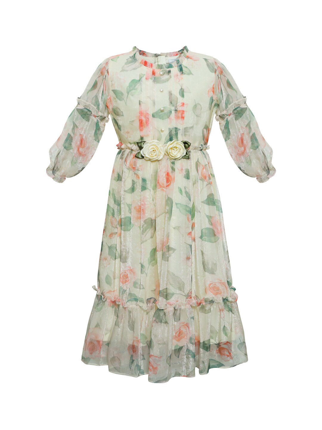 Buy Daffodils GIRLS WEAR Off White & Green Floral Printed Chiffon Dress
