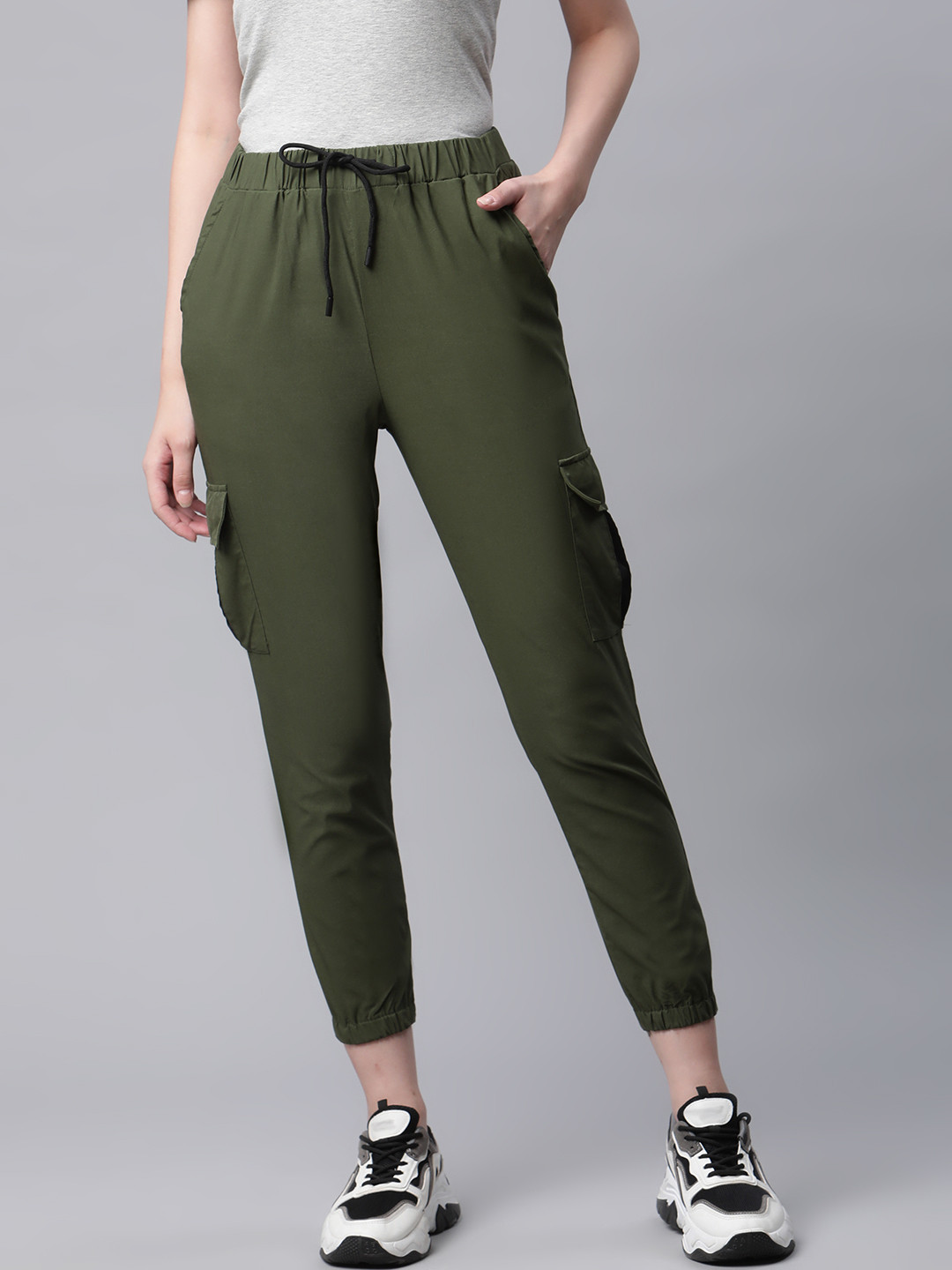 Buy RIVI Women Olive Green Relaxed Cotton Cargos Trousers Trousers