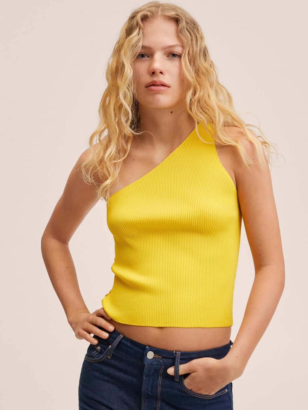 Buy MANGO Yellow Ribbed One Shoulder Crop Top Tops for Women 18259362