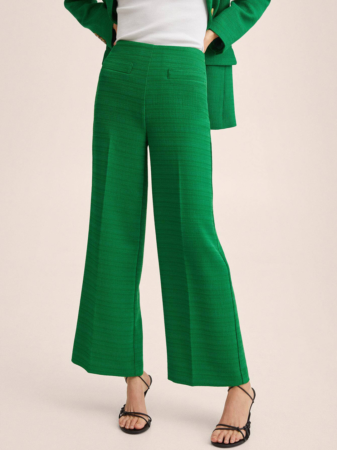 Buy MANGO Women Green Tweed Straight Fit High Rise Trousers Trousers