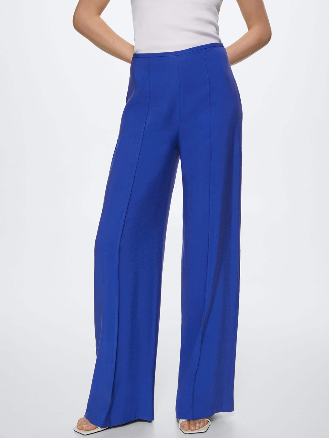 Buy MANGO Women Blue Solid Pleated Trousers - Trousers for Women ...