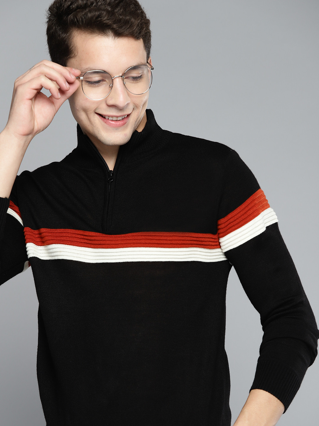Buy Mast & Harbour Men Black & Red Striped Half Zipper Pullover