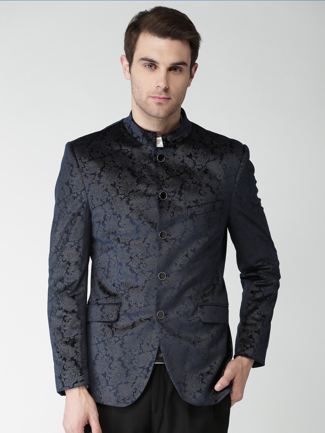 Men's Blue Floral Printed Slim-Fit Bandhgala Blazer