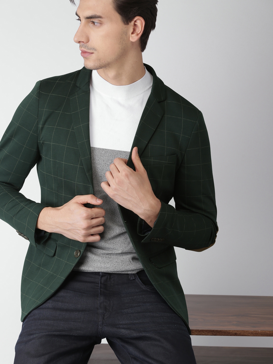 Buy INVICTUS Green Checked Slim Fit Single Breasted Casual Blazer