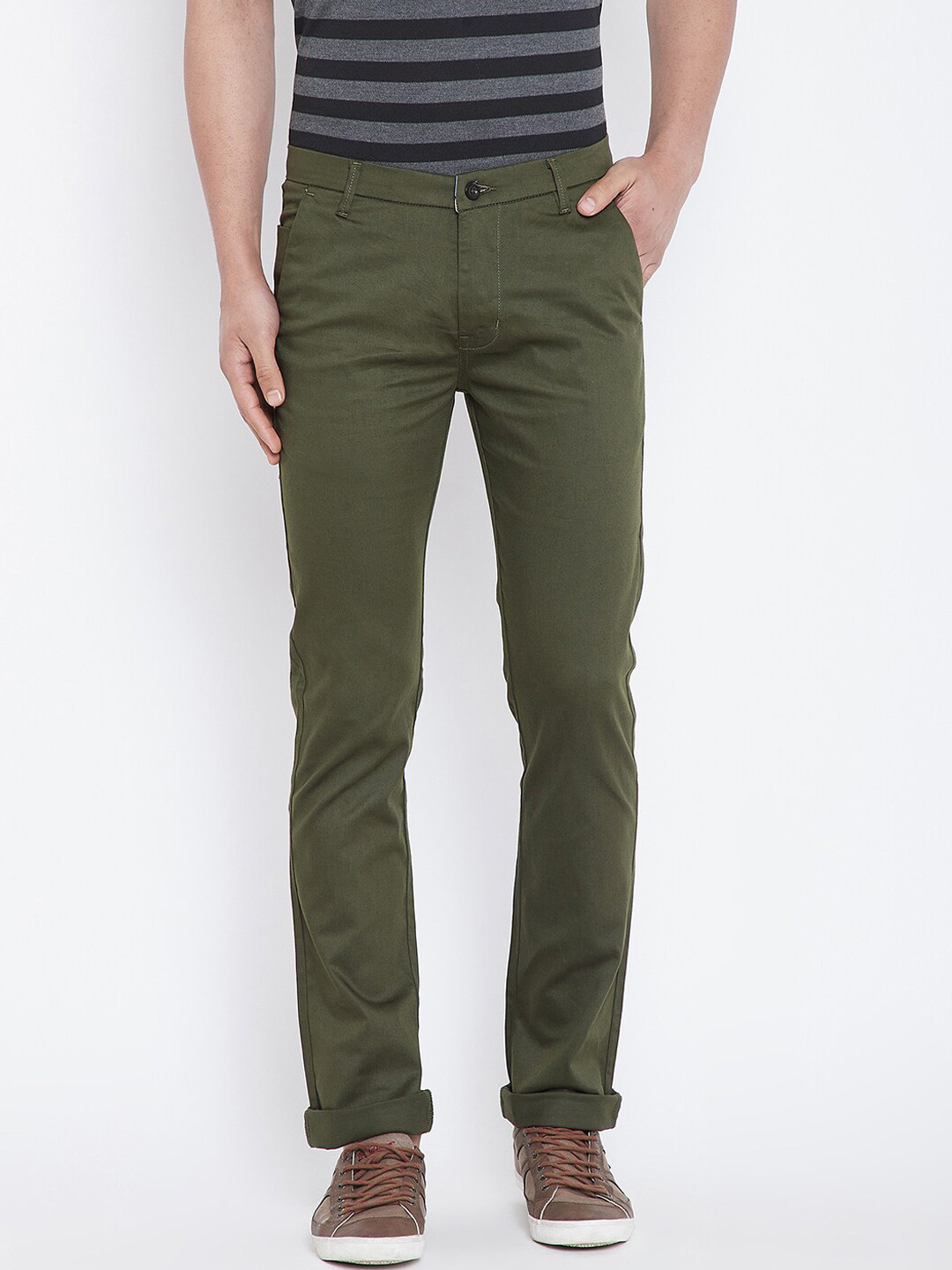 Buy Duke Men Green Solid Cotton Slim Fit Trousers Trousers for Men