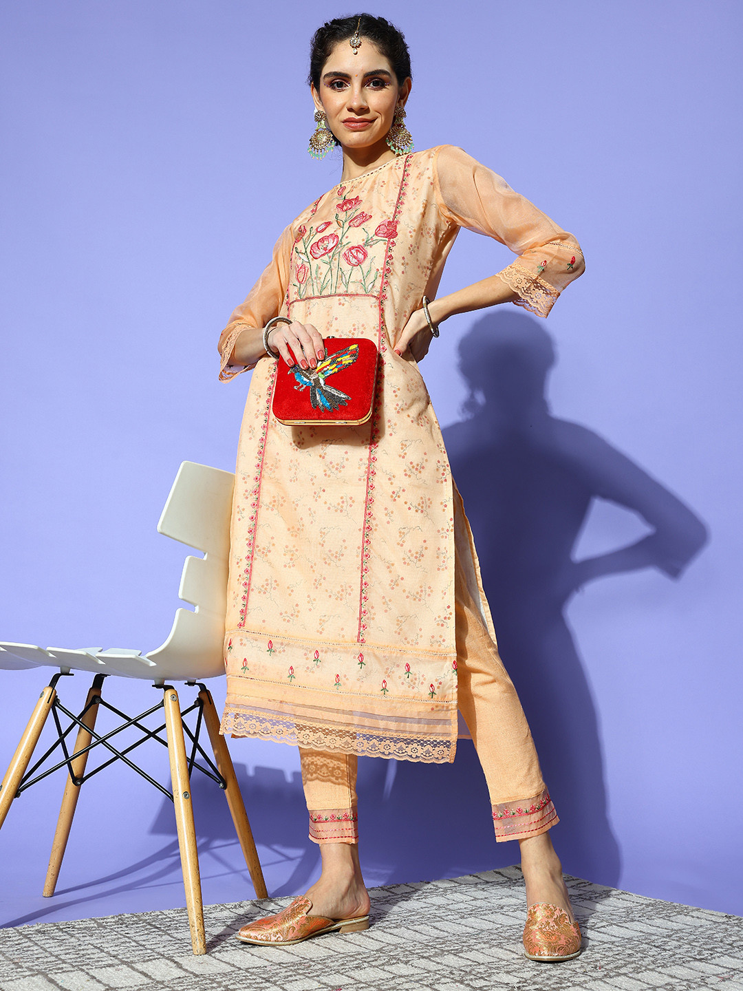 Indo Era Orange Embroidered A-Line Kurta Trousers set