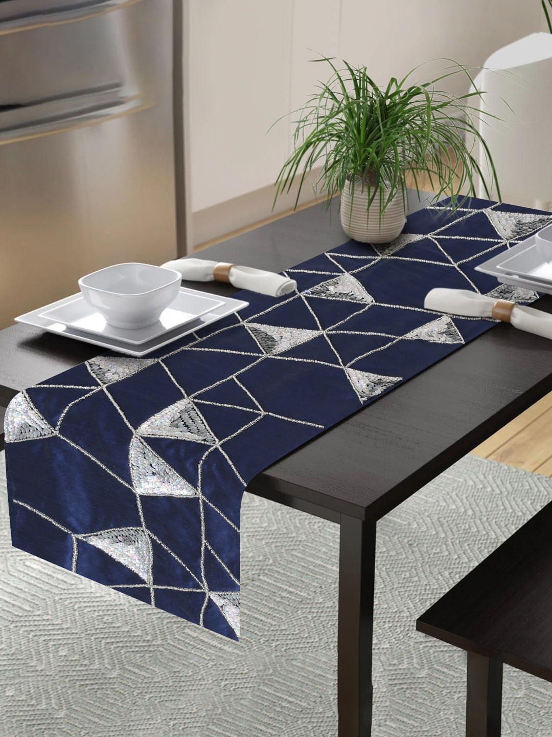 Buy Alina Decor Blue Embroidered 6 Seater Table Runner Runners for