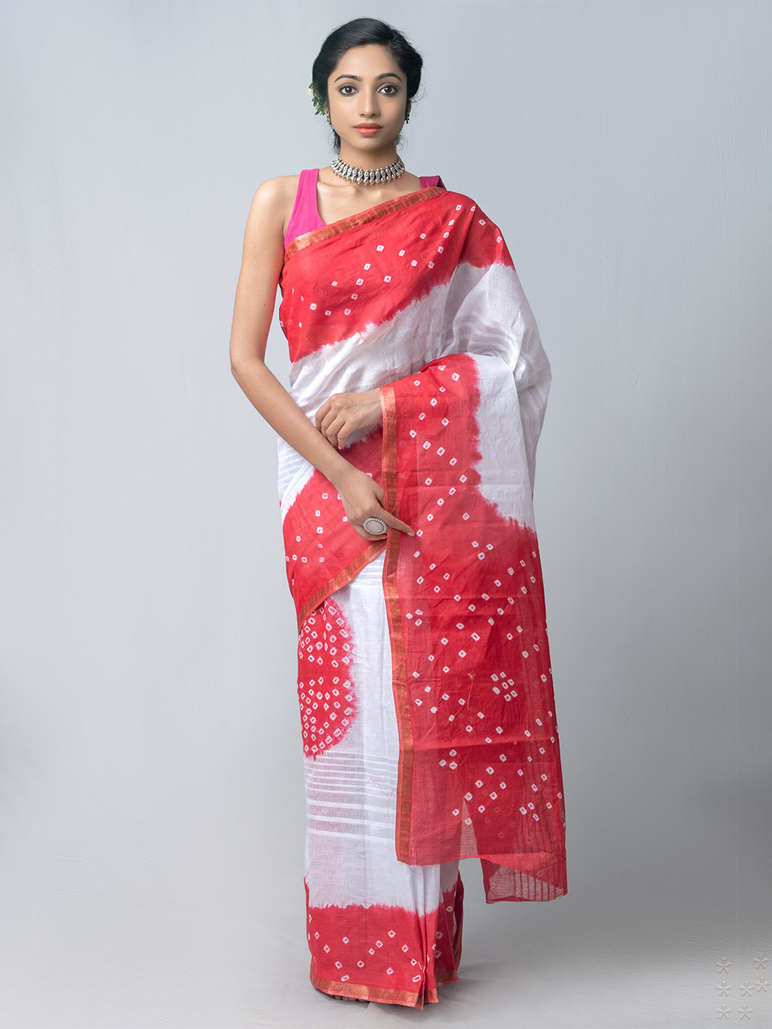 Buy Unnati Silks White Red Bandhani Zari Pure Cotton Bandhani Saree