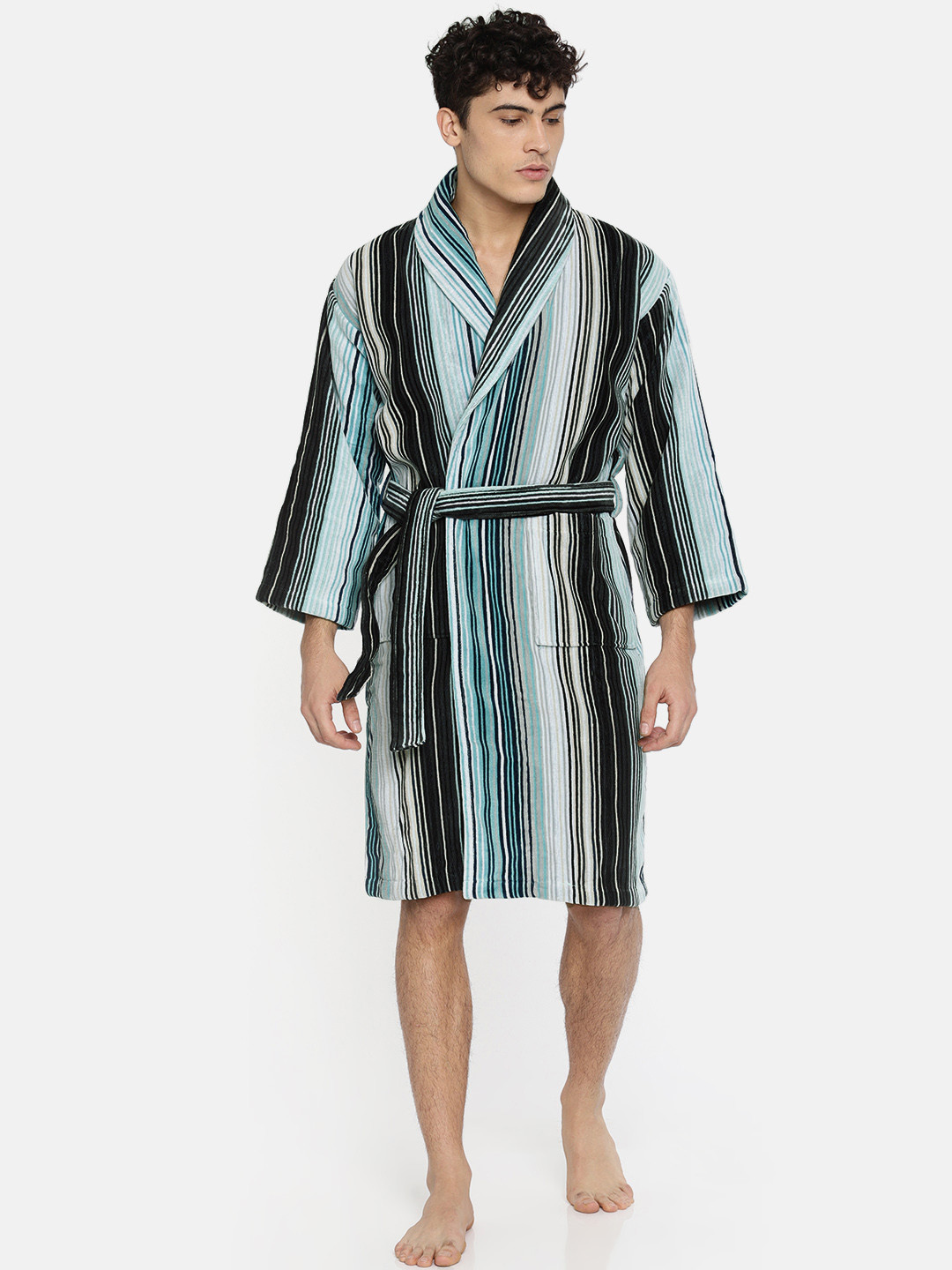 Buy CHRISTY Unisex Blue & Charcoal Grey Striped Bathrobe Bath Robe