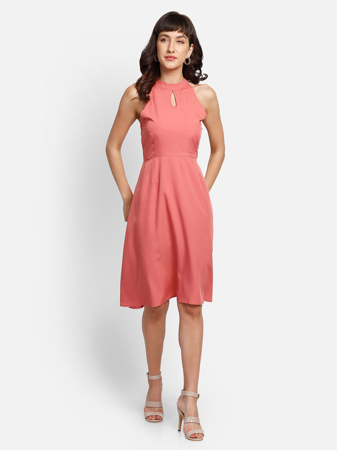 Buy YOU FOREVER Women Peach Coloured Keyhole Neck Crepe Dress Dresses