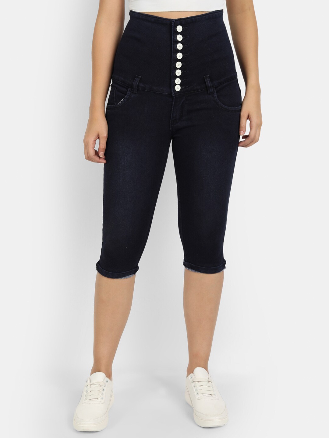 Buy Next One Women Blue Solid Skinny Fit Cotton Capris - Capris for ...