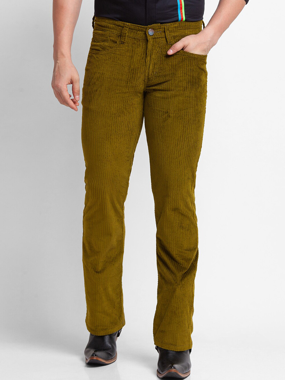 Buy Mode De Base Men Mustard Yellow Slim Fit Corduroy Bootcut Trousers
