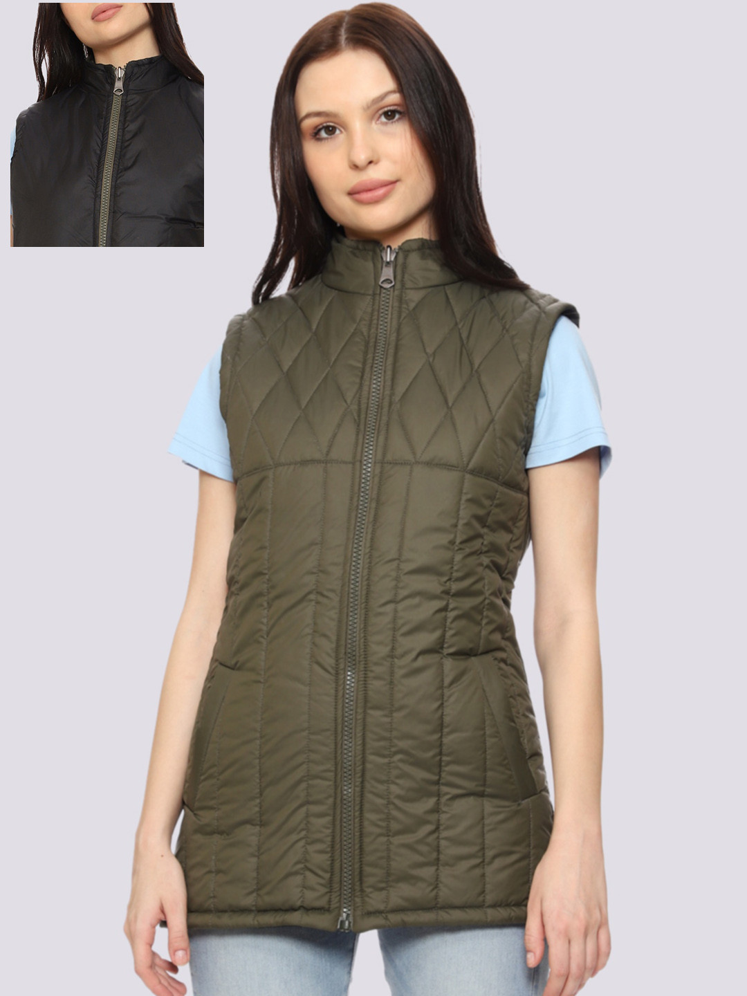Buy CL SPORT Women Olive Green Reversible Longline Quilted Jacket