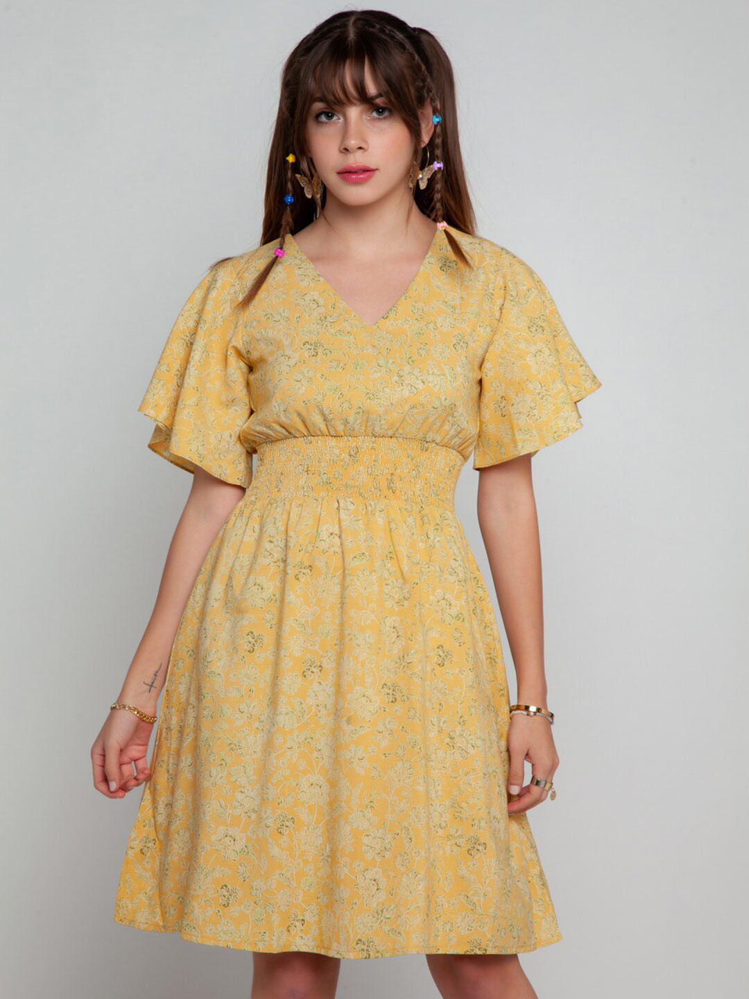Buy Zink London Mustard Yellow Floral Dress - Dresses for Women ...