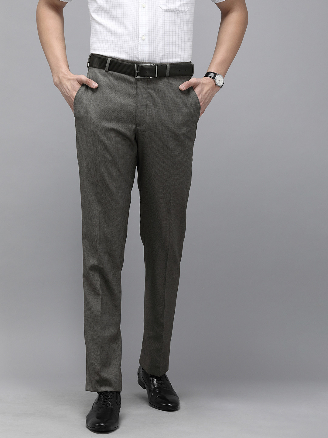 Buy Park Avenue Men Grey Textured Smart Fit Low Rise Formal Trousers ...