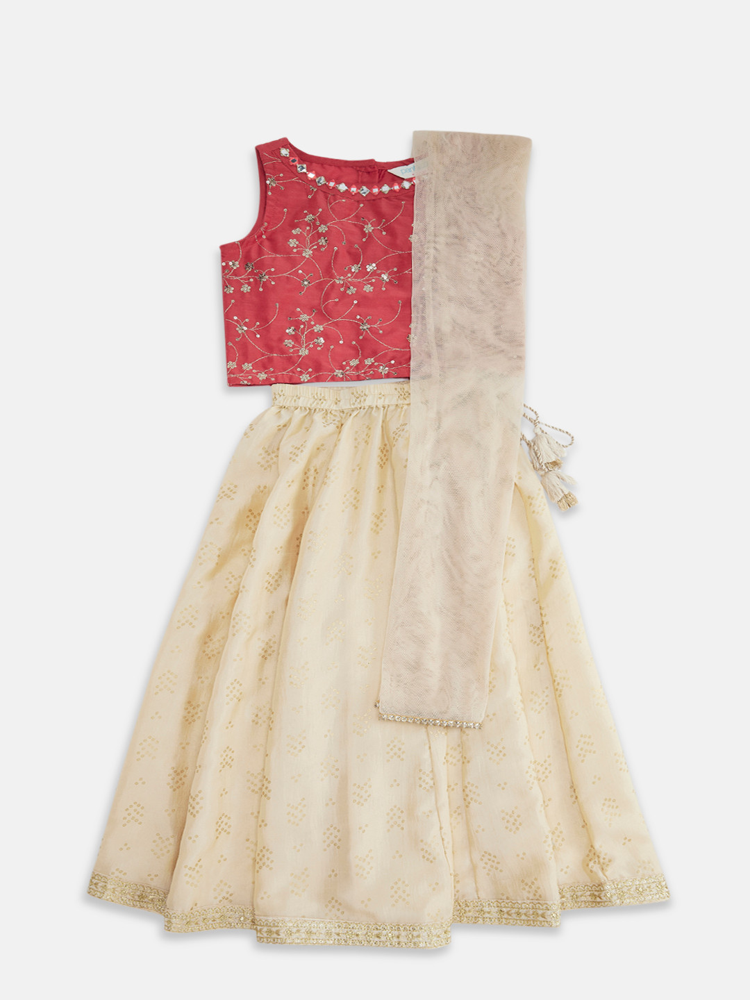 Girls Pink & White Embroidered Choli Pink Zig Zag Printed Lehenga with Dupatta