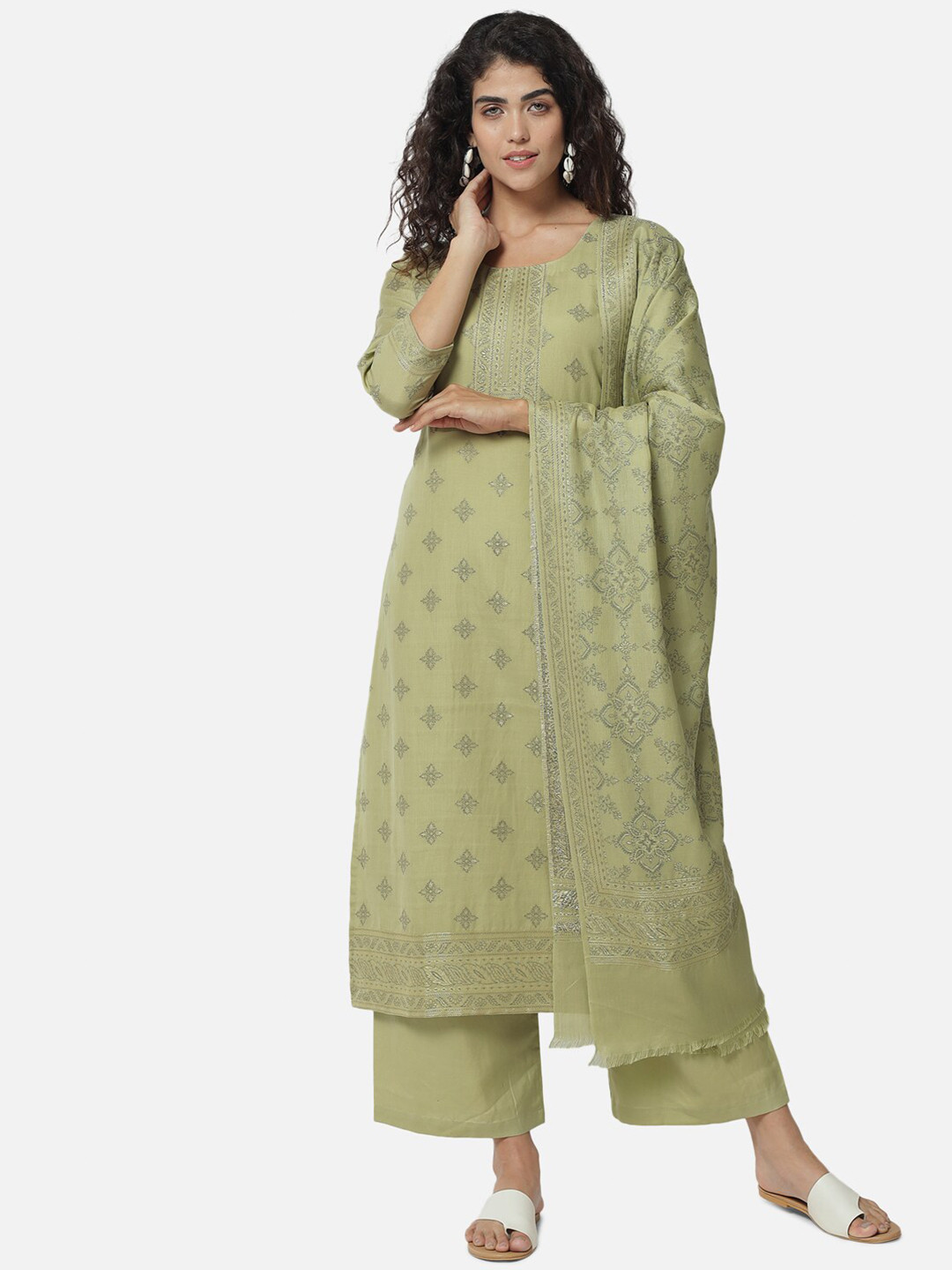 Buy Jansi Green & Gold Toned Unstitched Dress Material Dress Material for Women 18287236 Myntra