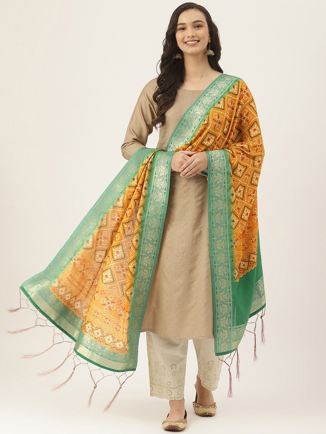 Buy VAABA Mustard & Sea Green Ethnic Motifs Printed Bandhani Dupatta