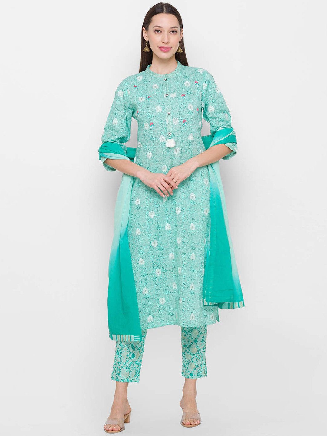 Buy ZOLA Women Green Angrakha Pure Cotton Kurti With Trousers & With