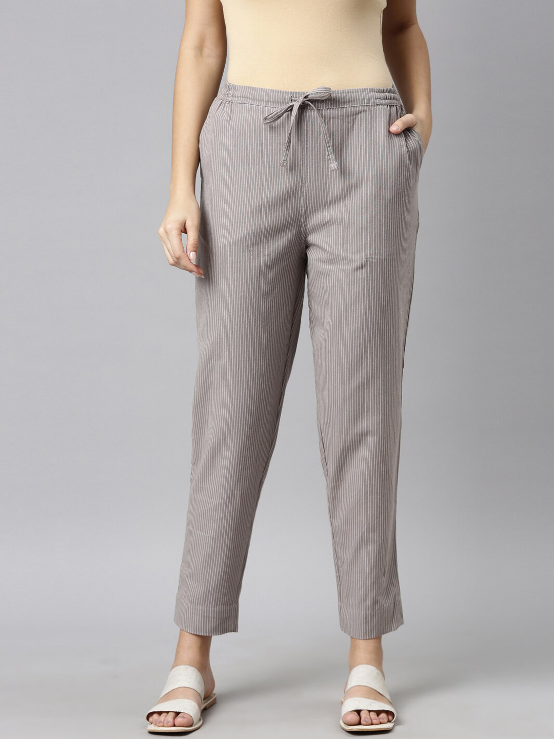 Buy Go Colors Women Grey Striped Tapered Fit Trousers Trousers for