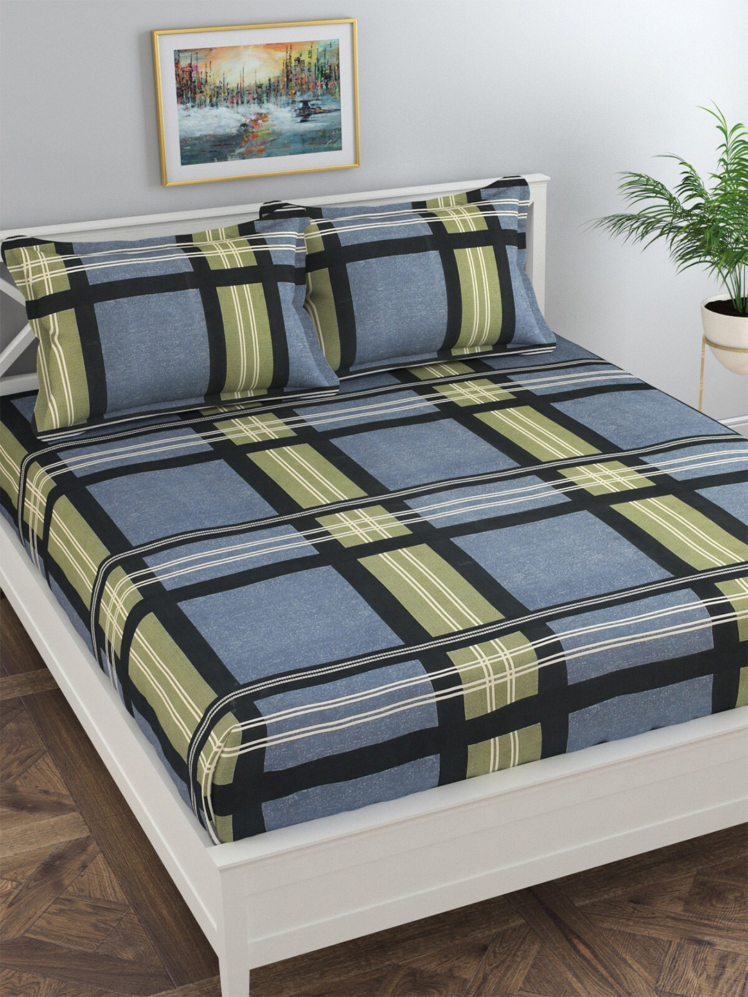 Buy Florida Grey & Black Geometric 120 TC King Bedsheet With 2 Pillow